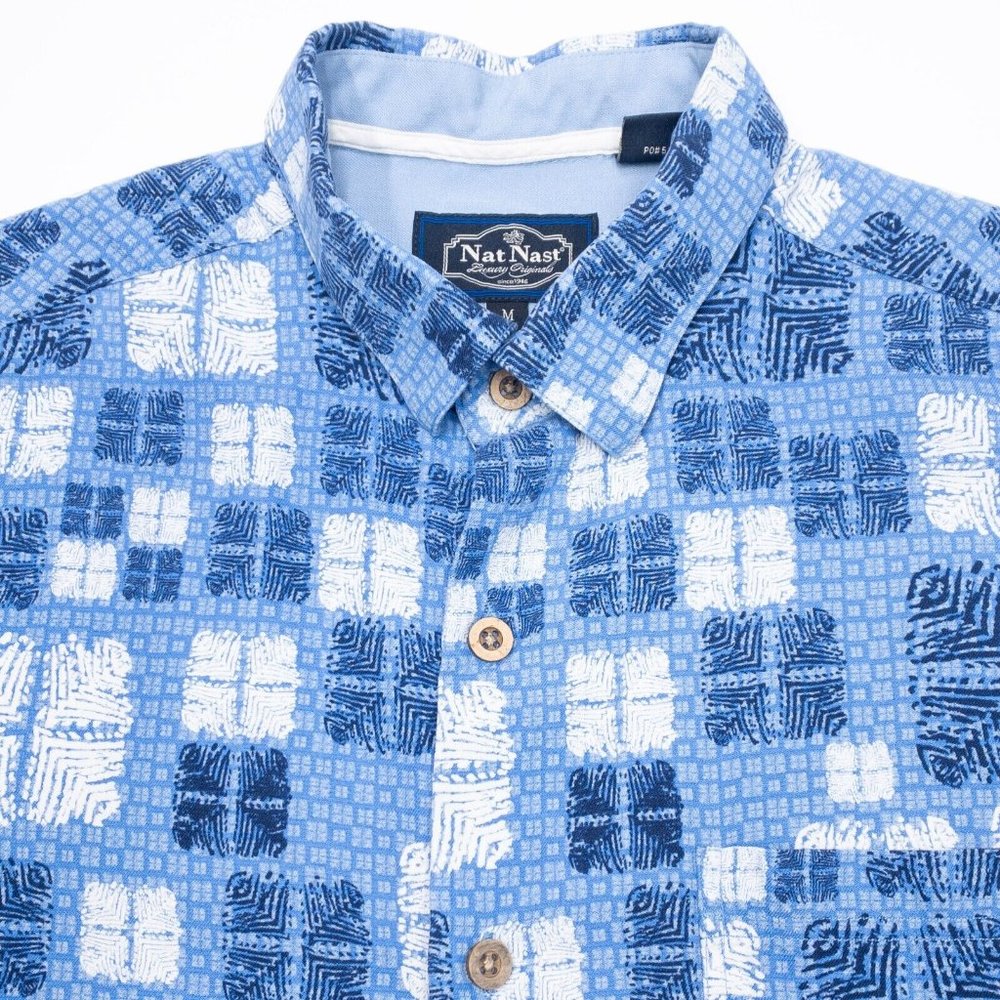 Nat Nast Silk Shirt Medium Men's Hawaiian Bowling Retro Blue Plaid Short Sleeve